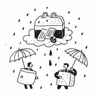 People with Umbrellas and Suitcases concept as Travelers holding umbrellas and suitcases during a rain shower set against a whimsical background offering ample space for text or gr Cleans Set 2 vector