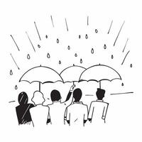 People with Umbrellas and Street Artists concept as A group of people with umbrellas observing street artists during a rain shower set against a dreamy background offering ample sp Cleans vector