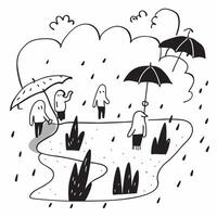 People with Umbrellas and Garden Walks concept as A group of people with umbrellas walking through gardens during a rain shower set against a whimsical background offering ample sp Cleans vector