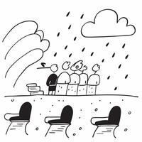 People with Umbrellas and Park Benches concept as A group of people sitting on park benches with umbrellas during a rain shower set against a whimsical background offering ample sp Cleans vector