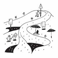 People with Umbrellas and Nature Trails concept as Travelers holding umbrellas walking on nature trails during a rain shower set against a whimsical background offering ample space Cleans vector