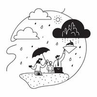 People with Umbrellas and Garden Picnics concept as Travelers holding umbrellas having garden picnics during a rain shower set against a dreamy background offering ample space for Cleans vector