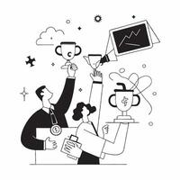People with Trophies and Laptops concept as Business professionals holding trophies and using laptops set against a whimsical background offering ample space for text or graphics s Cleans vector