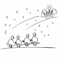 People with Umbrellas and Bicycle Rides concept as A group of people riding bicycles with umbrellas during a rain shower set against a dreamy background offering ample space for te Cleans vector
