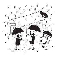 People with Umbrellas and Bookstores concept as A group of people with umbrellas entering bookstores during a rain shower set against a whimsical background offering ample space fo Cleans vector