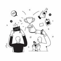 People with Trophies and Smartphones concept as Business professionals holding trophies and using smartphones set against a dreamy background offering ample space for text or graph Cleans vector
