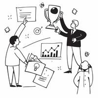People with Trophies and Graphs concept as Business professionals holding trophies and analyzing graphs set against a whimsical background offering ample space for text or graphics Cleans vector