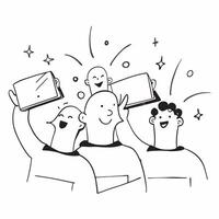 People with Sparkling Laptops and Beaming Faces concept as A group of people using sparkling laptops with beaming faces set against a whimsical background offering ample space for Cleans vector