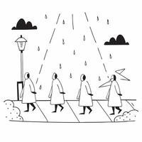 People with Raincoats and Street Lights concept as A group of people in raincoats walking under street lights during a rain shower set against a whimsical background offering ample Cleans vector