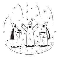 People with Raincoats and Street Performances concept as A group of people in raincoats enjoying street performances during a rain shower set against a whimsical background offerin Cleans vector