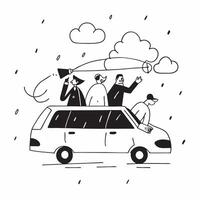 People with Raincoats and Taxi Rides concept as Business professionals in raincoats taking taxi rides during a rain shower set against a whimsical background offering ample space f Cleans vector
