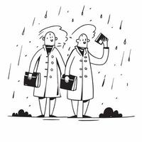 People with Raincoats and Notebooks concept as Business professionals in raincoats carrying notebooks during a rain shower set against a whimsical background offering ample space f Cleans vector
