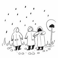 People with Raincoats and Public Parks concept as A group of people in raincoats walking through public parks during a rain shower set against a whimsical background offering ample Cleans vector