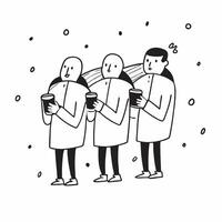 People with Rain Jackets and Coffee Cups concept as A group of people in rain jackets holding coffee cups set against a dreamy background offering ample space for text or graphics Cleans vector