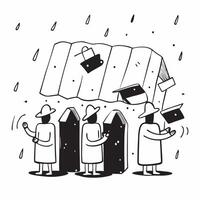 People with Rain Hats and Bookstores concept as A group of people wearing rain hats entering bookstores during a rain shower set against a whimsical background offering ample space Cleans vector