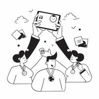 People with Medals and Tablets concept as Business professionals wearing medals and using tablets set against a dreamy background offering ample space for text or graphics symboliz Cleans vector