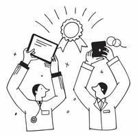 People with Medals and Tablets concept as Business professionals wearing medals and using tablets set against a dreamy background offering ample space for text or graphics symboliz Cleans Set 2 vector
