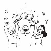 People with Golden Coins and Smiling Faces concept as A group of people holding golden coins with smiling faces set against a whimsical background offering ample space for text or Cleans vector