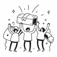 People with Glowing Treasure Chests and Joyful Expressions concept as A group of people with glowing treasure chests and joyful expressions set against a fantastical background off Cleans vector