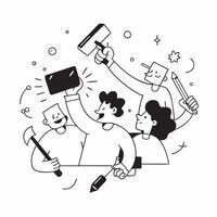 People with Glowing Work Tools and Joyful Expressions concept as A group of people using glowing work tools with joyful expressions set against a fantastical background offering am Cleans vector