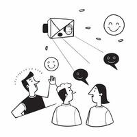 People with Glowing Projectors and Smiling Faces concept as A group of people using glowing projectors with smiling faces set against a fantastical background offering ample space Cleans vector