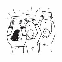 People with Glowing Review Notes and Joyful Expressions concept as A group of people holding glowing review notes with joyful expressions set against a fantastical background offer Cleans vector
