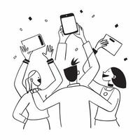 People with Glowing Tablets and Joyful Expressions concept as A group of people using glowing tablets with joyful expressions set against a fantastical background offering ample sp Cleans vector