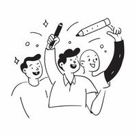 People with Glowing Pens and Joyful Faces concept as A group of people using glowing pens with joyful faces set against a dreamy background offering ample space for text or graphic Cleans vector