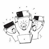 People with Glowing Laptops and Joyful Expressions concept as A group of people using glowing laptops with joyful expressions set against a dreamy background offering ample space f Cleans vector