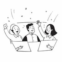People with Glowing Interview Rooms and Joyful Expressions concept as A group of people in glowing interview rooms with joyful expressions set against a fantastical background offe Cleans vector