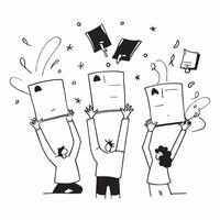 People with Floating Resumes and Smiling Faces concept as A group of people holding floating resumes with smiling faces set against a whimsical background offering ample space for Cleans vector