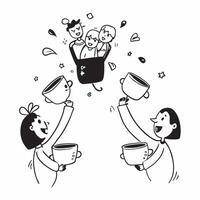 People with Floating Tea Cups and Smiling Faces concept as A group of people holding floating tea cups with smiling faces set against a whimsical background offering ample space fo Cleans vector