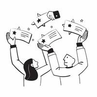 People with Floating Performance Reviews and Joyful Expressions concept as A group of people holding floating performance reviews with joyful expressions set against a dreamy backg Cleans vector