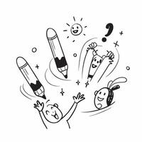 People with Floating Pens and Cheerful Faces concept as A group of people using floating pens with cheerful faces set against a whimsical background offering ample space for text o Cleans vector