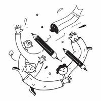 People with Floating Pens and Joyful Faces concept as A group of people using floating pens with joyful faces set against a whimsical background offering ample space for text or gr Cleans vector