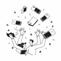 People with Floating Meeting Devices and Happy Expressions concept as A group of people using floating meeting devices with happy expressions set against a fantastical background o Cleans vector