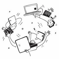 People with Floating Monitors and Joyful Faces concept as A group of people using floating monitors with joyful faces set against a dreamy background offering ample space for text Cleans vector