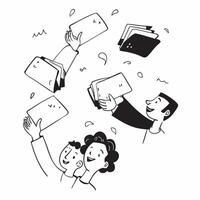People with Floating Notepads and Joyful Faces concept as A group of people using floating notepads with joyful faces set against a dreamy background offering ample space for text Cleans vector
