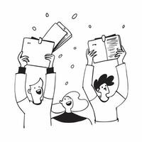People with Floating Meeting Agendas and Joyful Expressions concept as A group of people holding floating meeting agendas with joyful expressions set against a dreamy background of Cleans vector