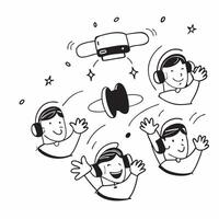 People with Floating Headphones and Joyful Faces concept as A group of people using floating headphones with joyful faces set against a dreamy background offering ample space for t Cleans vector