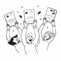 People with Floating Feedback Forms and Joyful Faces concept as A group of people holding floating feedback forms with joyful faces set against a whimsical background offering ampl Cleans vector