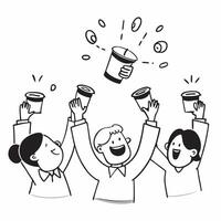 People with Floating Coffee Cups and Joyful Expressions concept as A group of people holding floating coffee cups with joyful expressions set against a fantastical background offer Cleans Set 2 vector