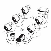 People with Floating Conference Phones and Beaming Faces concept as A group of people using floating conference phones with beaming faces set against a fantastical background offer Cleans vector