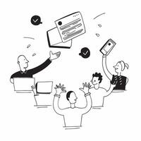 People with Floating Feedback Tools and Joyful Faces concept as A group of people using floating feedback tools with joyful faces set against a whimsical background offering ample Cleans vector