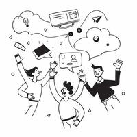 People with Floating Conference Tools and Joyful Faces concept as A group of people using floating conference tools with joyful faces set against a fantastical background offering Cleans vector