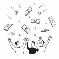 People with Floating Banknotes and Radiant Faces concept as A group of people with floating banknotes and radiant faces set against an ethereal background offering ample space for Cleans vector