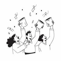 People with Floating Coffee Cups and Joyful Expressions concept as A group of people holding floating coffee cups with joyful expressions set against a fantastical background offer Cleans vector