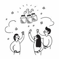 People with Enchanted Savings Jars and Beaming Faces concept as A group of people with enchanted savings jars and beaming faces set against a dreamy background offering ample space Cleans vector