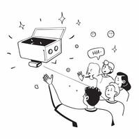 People with Enchanted Projectors and Beaming Faces concept as A group of people using enchanted projectors with beaming faces set against a dreamy background offering ample space f Cleans vector