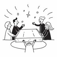 People with Enchanted Meeting Tables and Luminous Smiles concept as A group of people gathered around an enchanted meeting table with luminous smiles set against a fantastical back Cleans vector